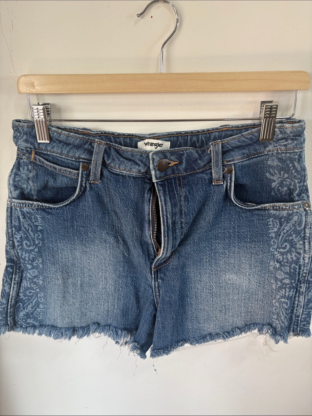 Wrangler Blue Washed Denim Cutoff Shorts with Side Fleur Print